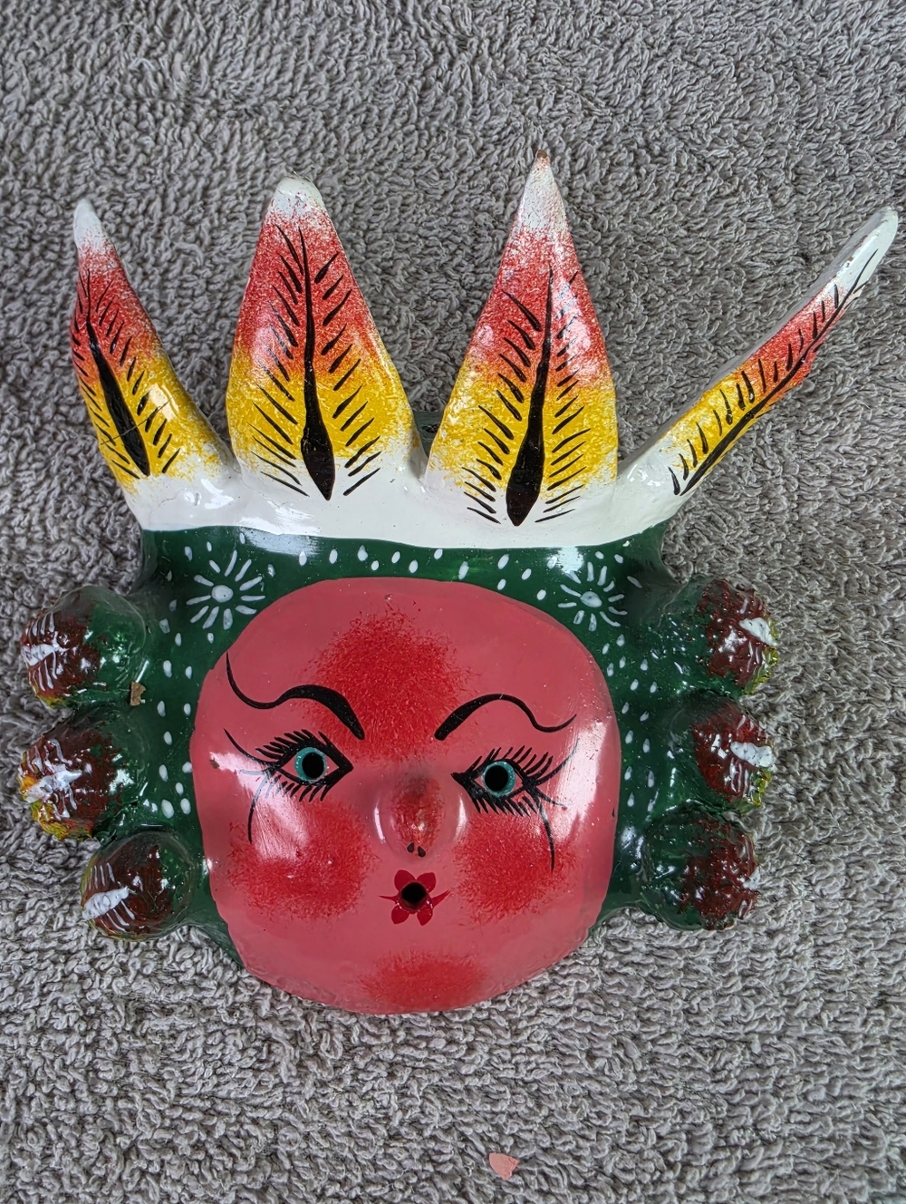 Hand-Painted Red & Green Coconut Decorative Wall Mask - Sun Face Art